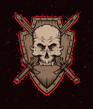 Vector emblem skull with swords and shield. Monochrome image of a human skull with swords and shield, with the red tracings on a dark background. Looks like a tattoo.