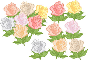 Naklejka premium Vector set of roses in cartoon style.
