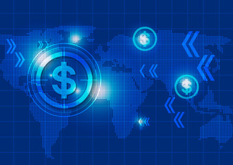 Business Blue Background with Dollar Signs and Map