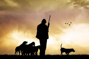 Photo sur Plexiglas Chasser chasseur avec des chiens au coucher du soleil
