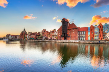Fototapeta premium Old town of Gdansk with ancient crane at sunset, Poland