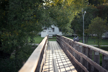 Wooden bridge over the river. Suzdal