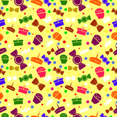 Seamless pattern with varicolored sweets and gifts over yellow background
