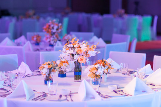 Fototapeta Elegant banquet table prepared for conference or party and decor