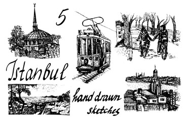 set of 5 hand-drawn  ink  sketch vector illustrations of Istanbul