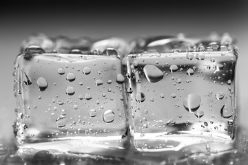 Colored ice cubes on wet glass table. Selective focus. Shallow d