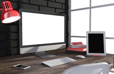 Fototapeta premium 3D illustration PC screen on table in office, Workspace