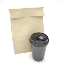 Coffee to go and lunch bag, on white.