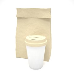 Coffee to go and lunch bag, on white.