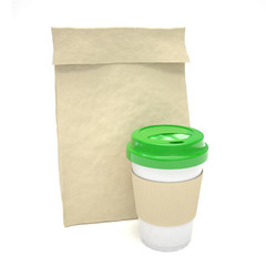 Coffee to go and lunch bag, on white.