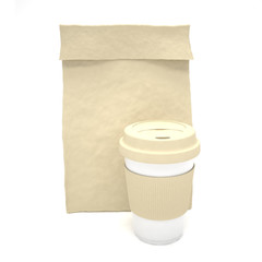 Coffee to go and lunch bag, on white.