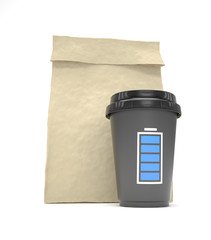 Coffee to go and lunch bag, on white.