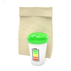 Coffee to go and lunch bag, on white.