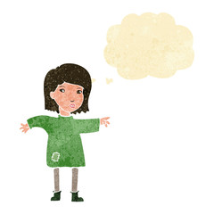 cartoon woman in patched clothing with thought bubble