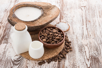 coffee beans, Spa stuff with candles in coconut