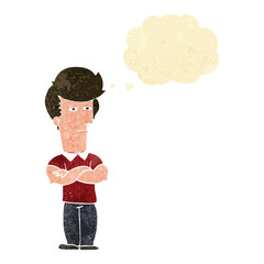cartoon man with folded arms with thought bubble