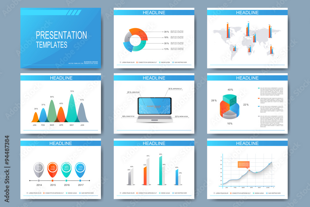 Poster Set of vector templates for presentation slides. Modern business design with graph and charts