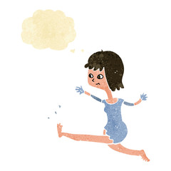 cartoon happy woman kicking with thought bubble