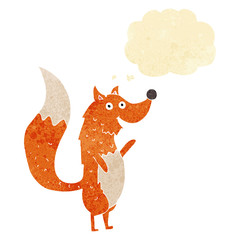 cartoon waving fox with thought bubble
