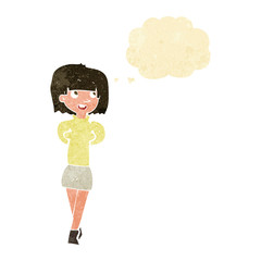 cartoon happy woman with thought bubble