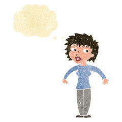 cartoon woman shrugging shoulders with thought bubble