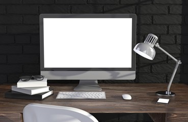 Fototapeta premium 3D illustration PC screen on table in office, Workspace