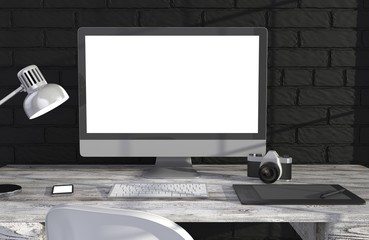 Fototapeta premium 3D illustration PC screen on table in office, Workspace