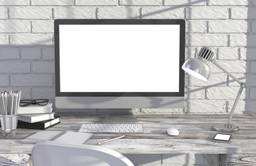 Fototapeta premium 3D illustration PC screen on table in office, Workspace