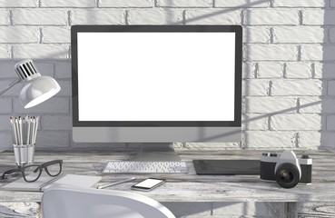 Fototapeta premium 3D illustration PC screen on table in office, Workspace
