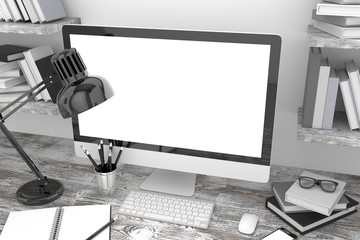 Naklejka premium 3D illustration PC screen on table in office, Workspace