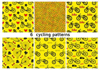 Six seamless bicycle pattern.  City bike with hearts and flowers. BMX bike. Mountain bike. Kids bike. Penny farting bike (retro) with hats and bow ties. Vector illustration