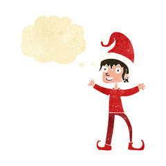 cartoon excited christmas elf with thought bubble