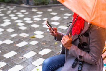 Young woman texting sms in beautiful autumn park