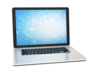 3d rendering of a laptop with blue wallpaper with app icon