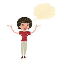 cartoon woman shrugging shoulders with thought bubble