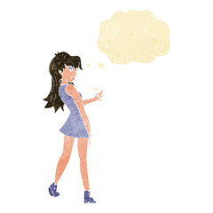 cartoon woman posing in dress with thought bubble
