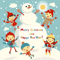Shiny vector christmas background with funny snowman and children. Happy new year postcard design with boy and girl enjoying the holiday. Winter snow with bokeh effect. 2016 card