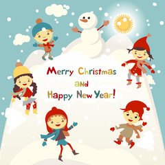 Shiny vector christmas background with funny snowman and children. Happy new year postcard design with boy and girl enjoying the holiday. Winter snow with bokeh effect. 2016 card