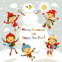 Shiny vector christmas background with funny snowman and children. Happy new year postcard design with boy and girl enjoying the holiday. Winter snow with bokeh effect. 2016 card