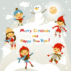 Shiny vector christmas background with funny snowman and children. Happy new year postcard design with boy and girl enjoying the holiday. Winter snow with bokeh effect. 2016 card