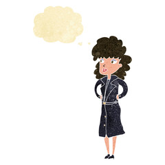 cartoon woman in trench coat with thought bubble