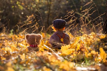 Little boy sitting and playing  in autumnal forest.