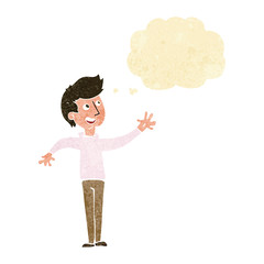cartoon man waving with thought bubble