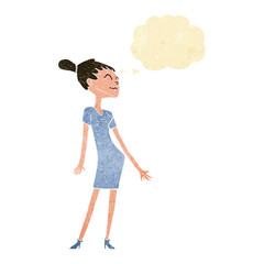 cartoon woman in dress with thought bubble