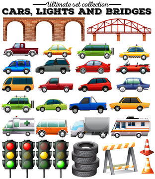Different kind of cars and objects on road