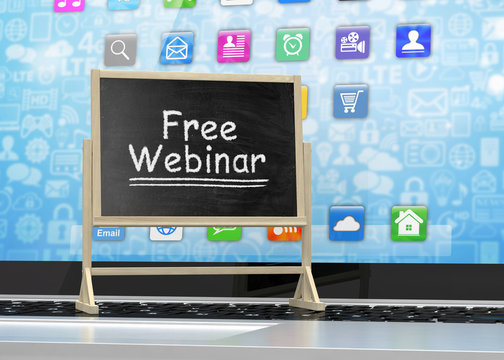 Laptop with chalkboard, free webinar, online education concept