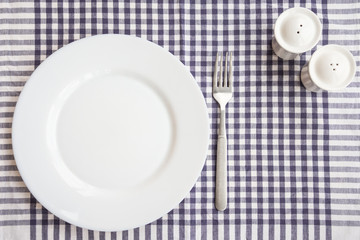 Empty white plate with a fork, pepperbox, salt-cellar, on a checkered tablecloth