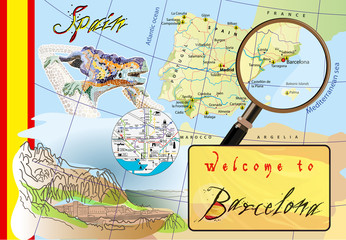 Welcome to Barcelona. Attractions on map. Vector