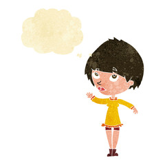 cartoon woman waving with thought bubble
