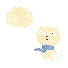 cartoon funny cat wearing scarf with thought bubble